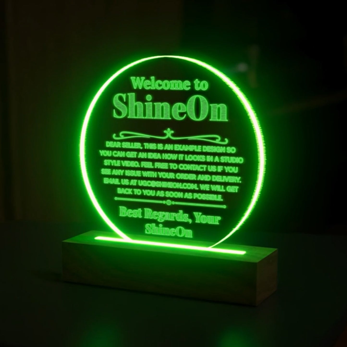 Acrylic Circle Plaque Engraved Studio Quality With Wooden Base LED RGB - Indoor Scene 2 - 3D