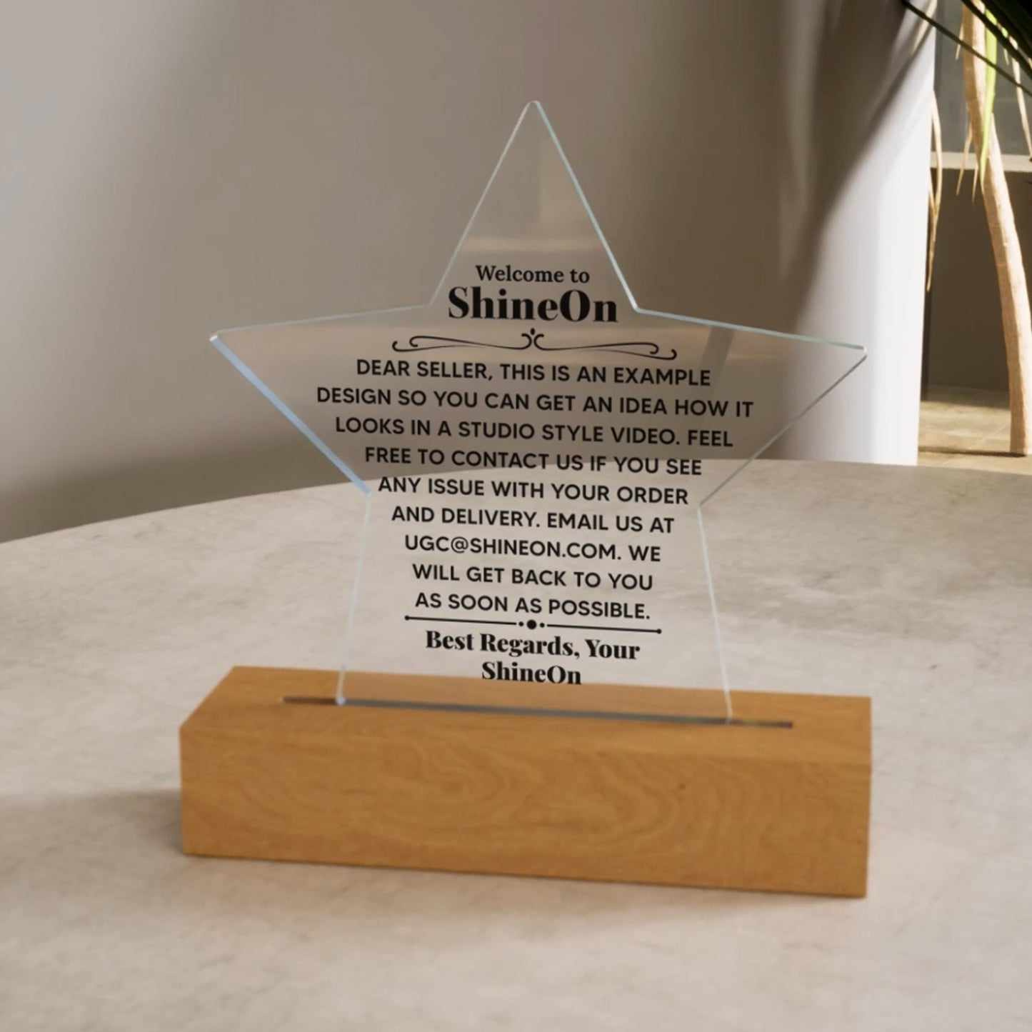 Acrylic Star Plaque Engraved Studio Quality With Wooden Base LED RGB - Indoor Scene - 3D