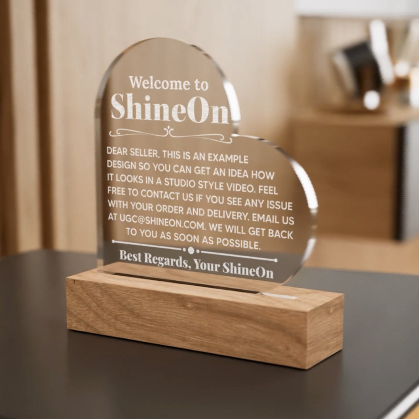 Acrylic Heart Plaque Engraved Studio Quality With Wooden Base LED RGB - Indoor Scene 2 - 3D