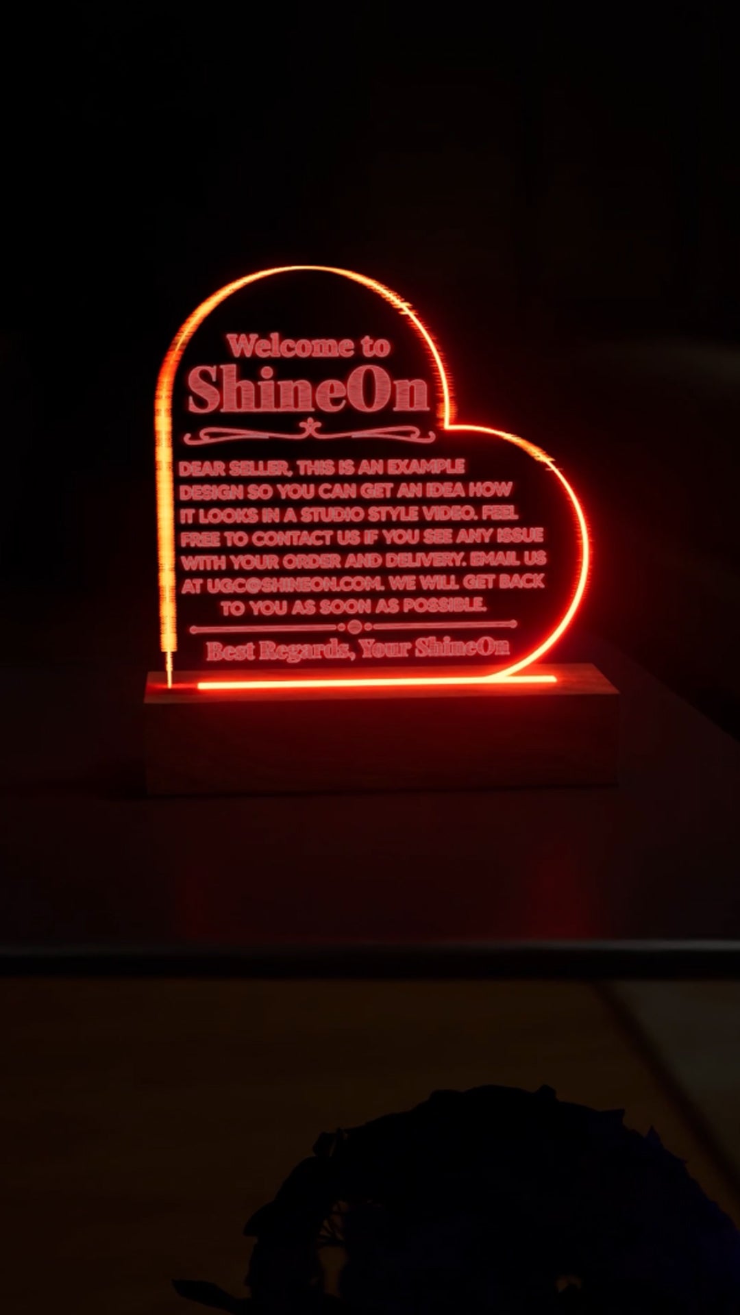 Acrylic Heart Plaque Engraved Studio Quality With Wooden Base LED RGB - Indoor Scene 2 - 3D