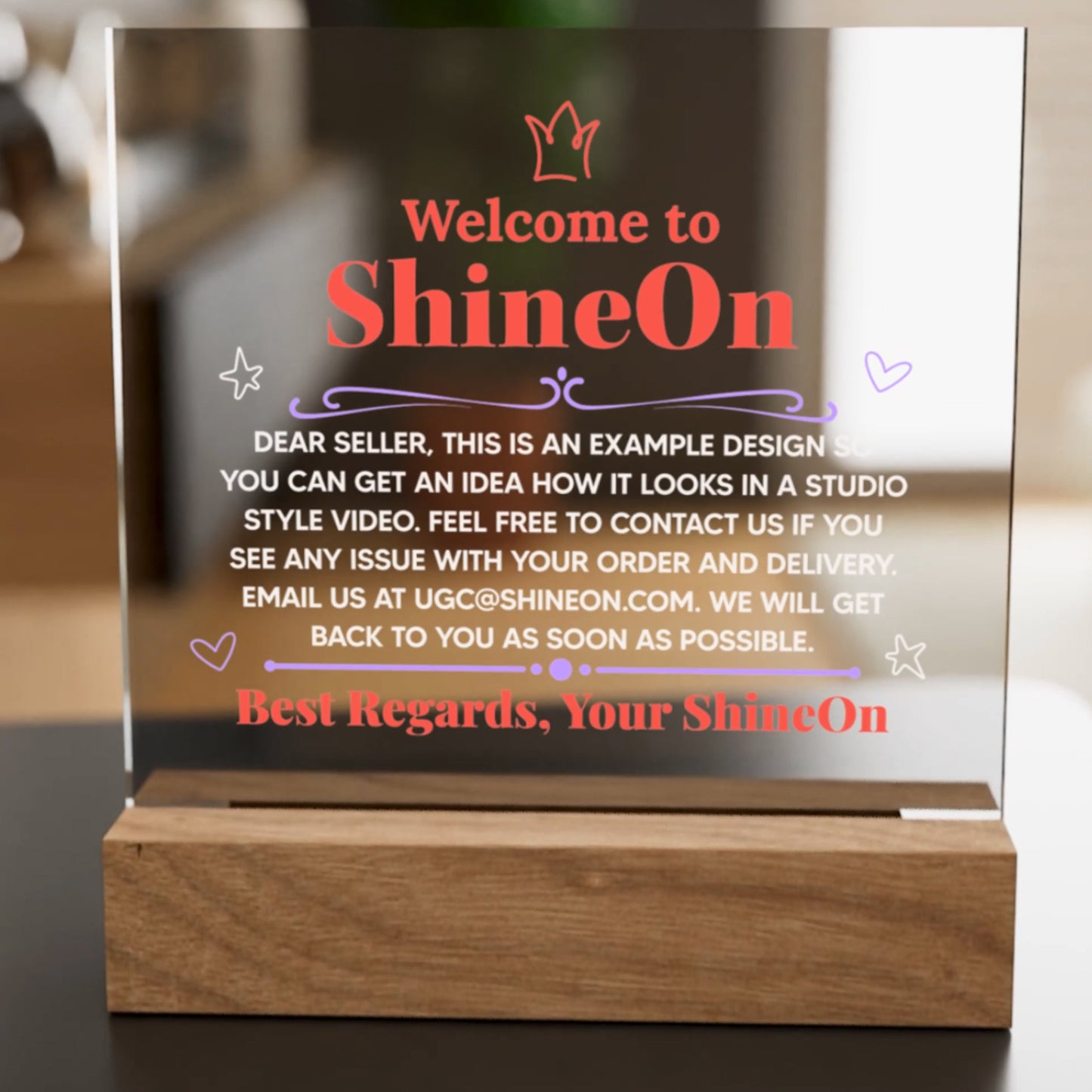 Acrylic Square Plaque Colored Print Studio Quality With Wooden Base LED RGB - Indoor Scene - 3D