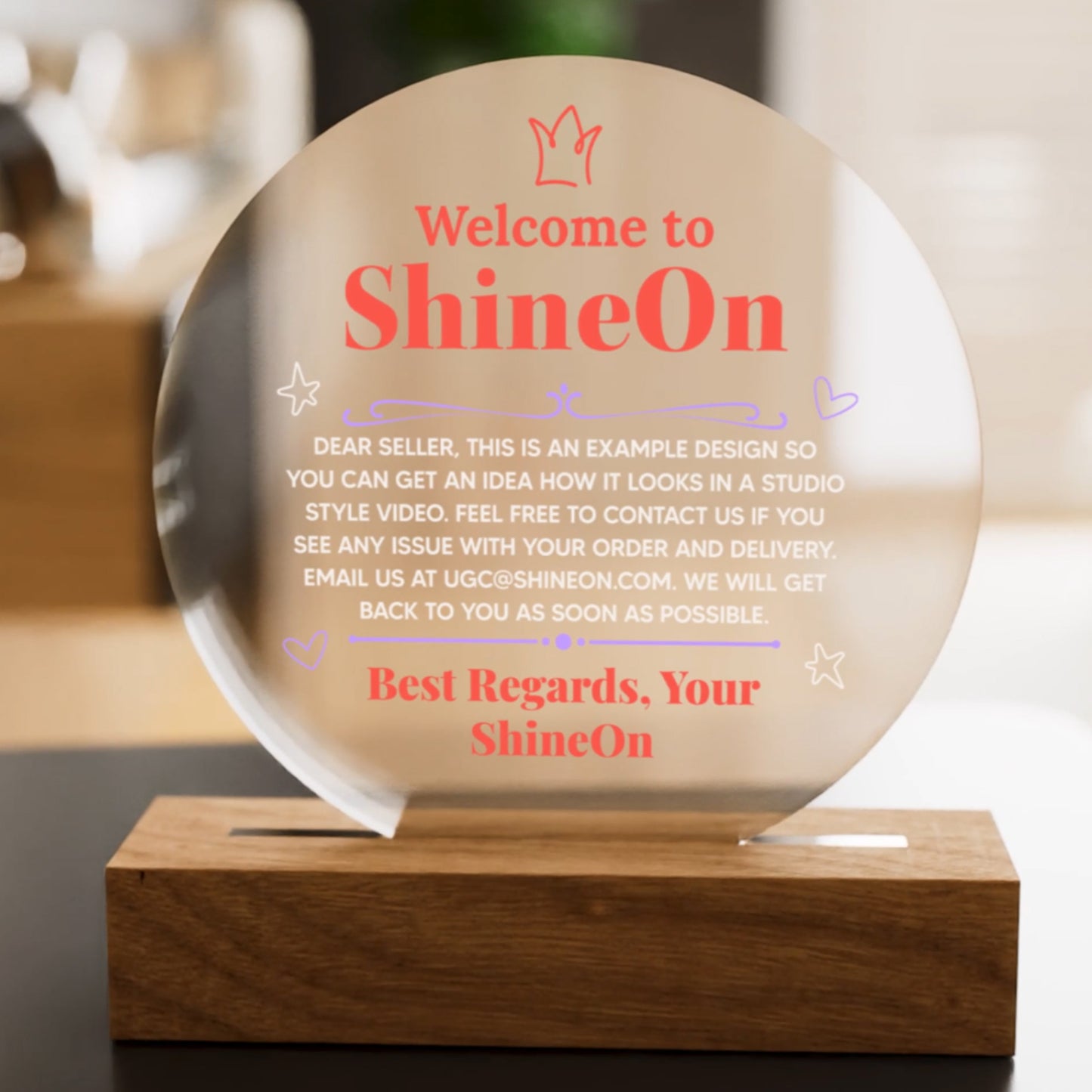 Acrylic Circle Plaque Colored Print Studio Quality With Wooden Base LED RGB - Indoor Scene - 3D