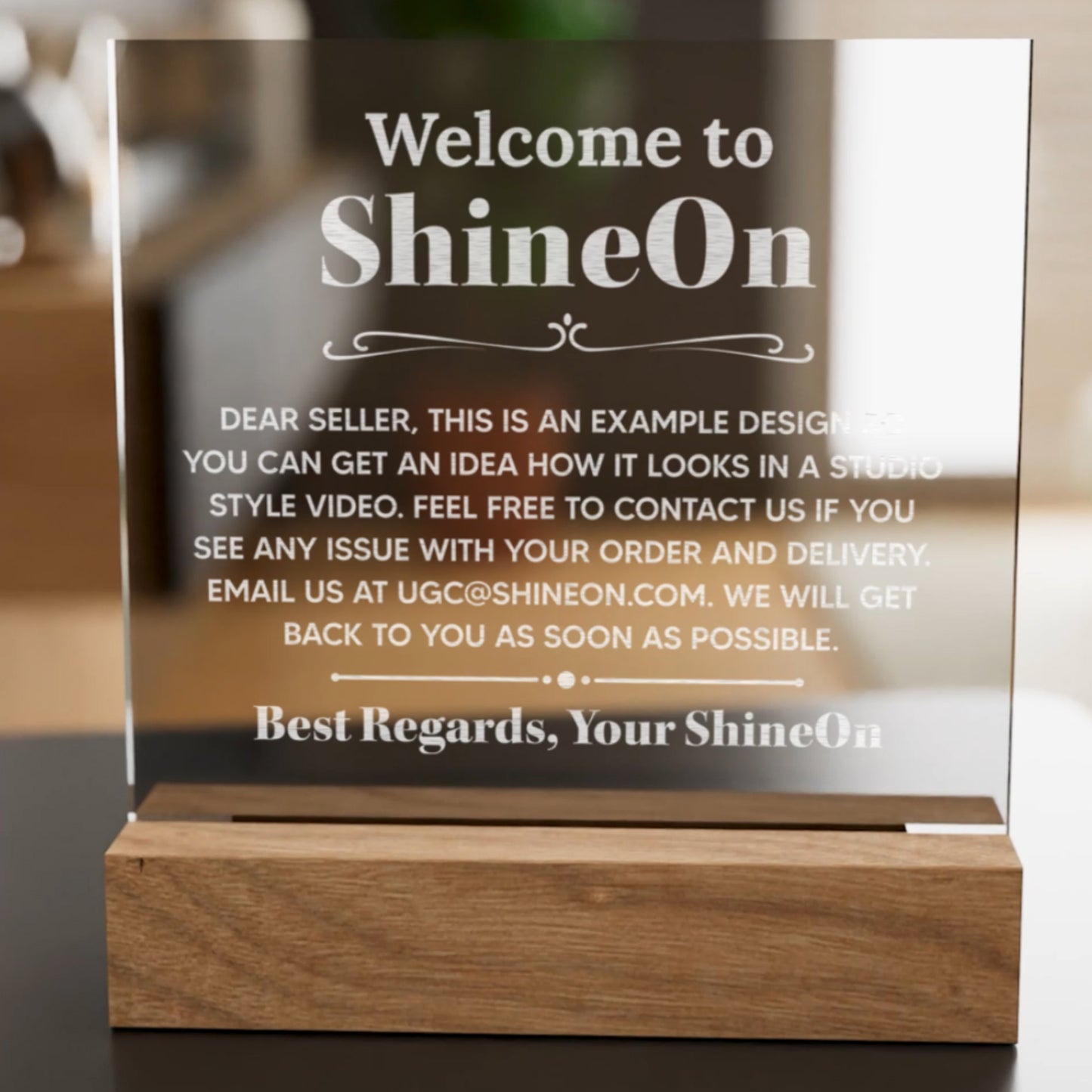 Acrylic Square Plaque Engraved Studio Quality With Wooden Base LED RGB - Indoor Scene - 3D