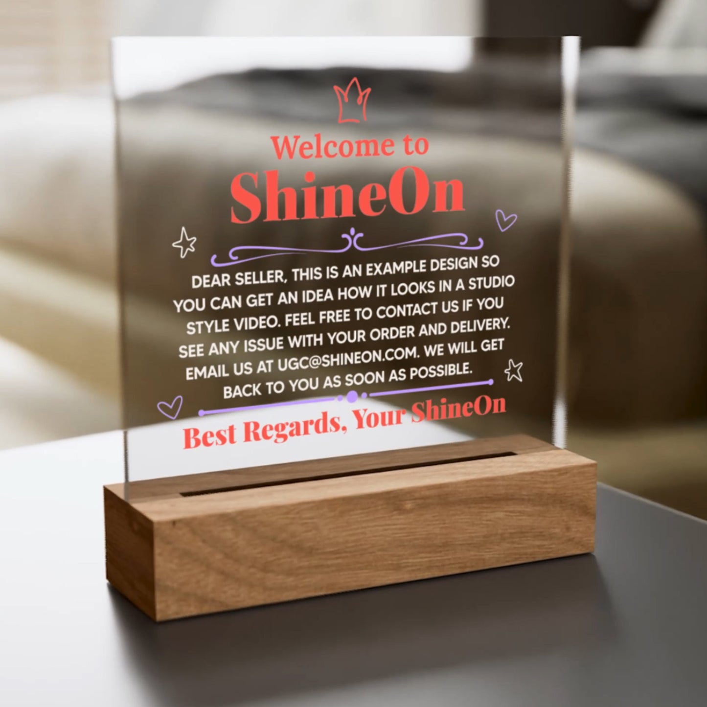 Acrylic Square Plaque Colored Print Studio Quality With Wooden Base LED RGB - Indoor Scene - 3D