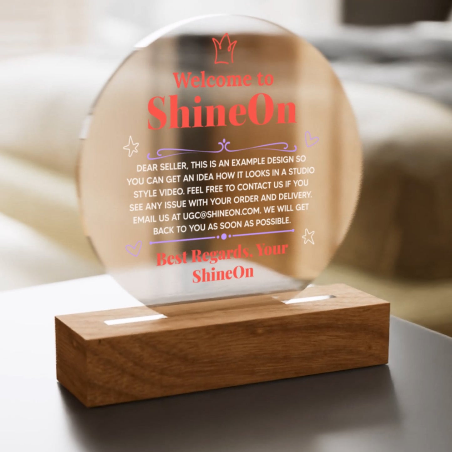 Acrylic Circle Plaque Colored Print Studio Quality With Wooden Base LED RGB - Indoor Scene - 3D