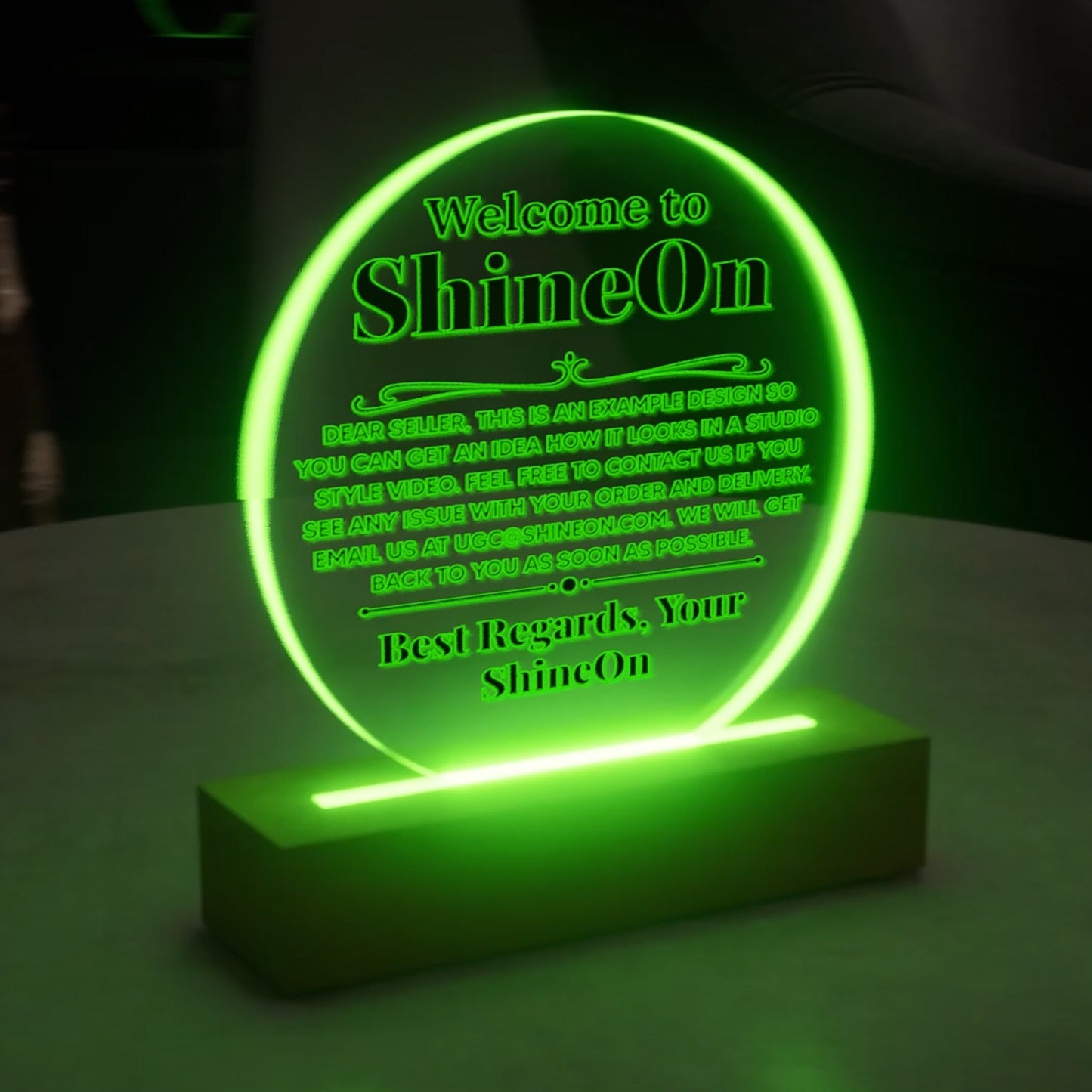 Acrylic Circle Plaque Colored Print Studio Quality With Wooden Base LED RGB - Indoor Scene - 3D