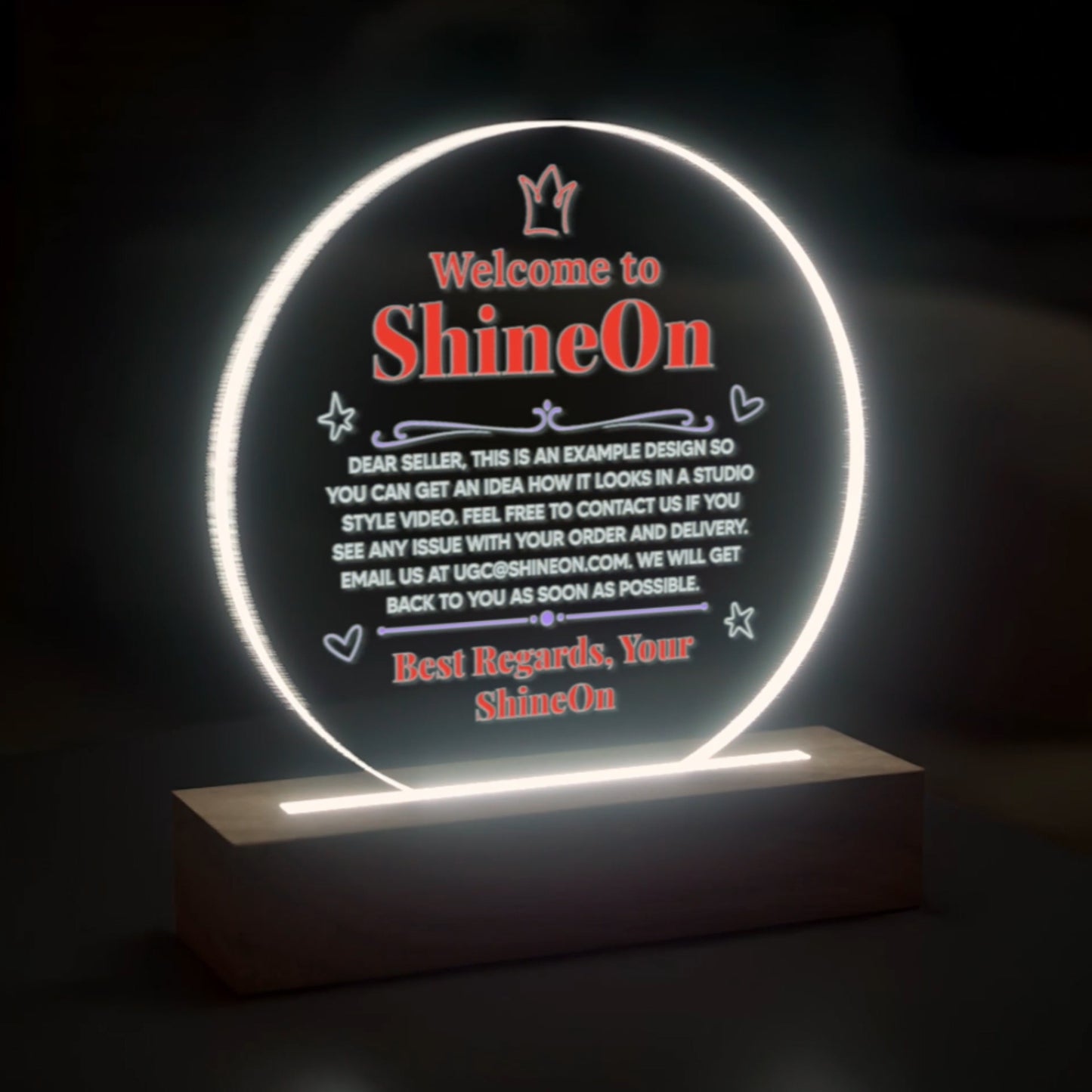 Acrylic Circle Plaque Colored Print Studio Quality With Wooden Base LED RGB - Indoor Scene - 3D