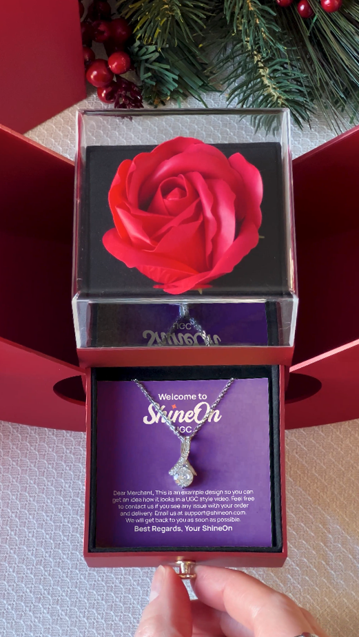 Red Heart Rose Box With Alluring Beauty White Gold Necklace - UGC 1