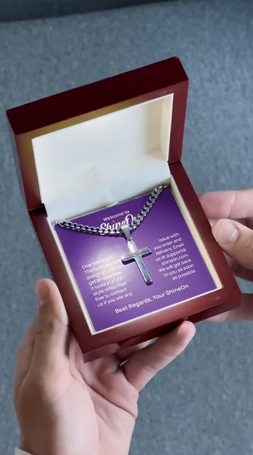 Artisan Cross Necklace Polished Stainless Steel With Cuban Link Chain & Luxury Box - UGC 2