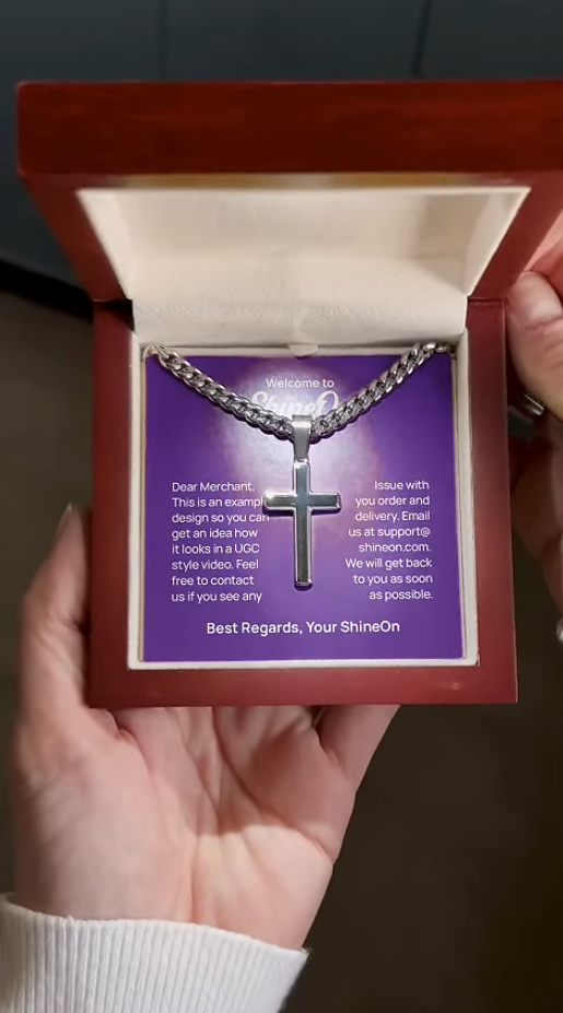 Artisan Cross Necklace Polished Stainless Steel With Cuban Link Chain & Luxury Box - UGC 3