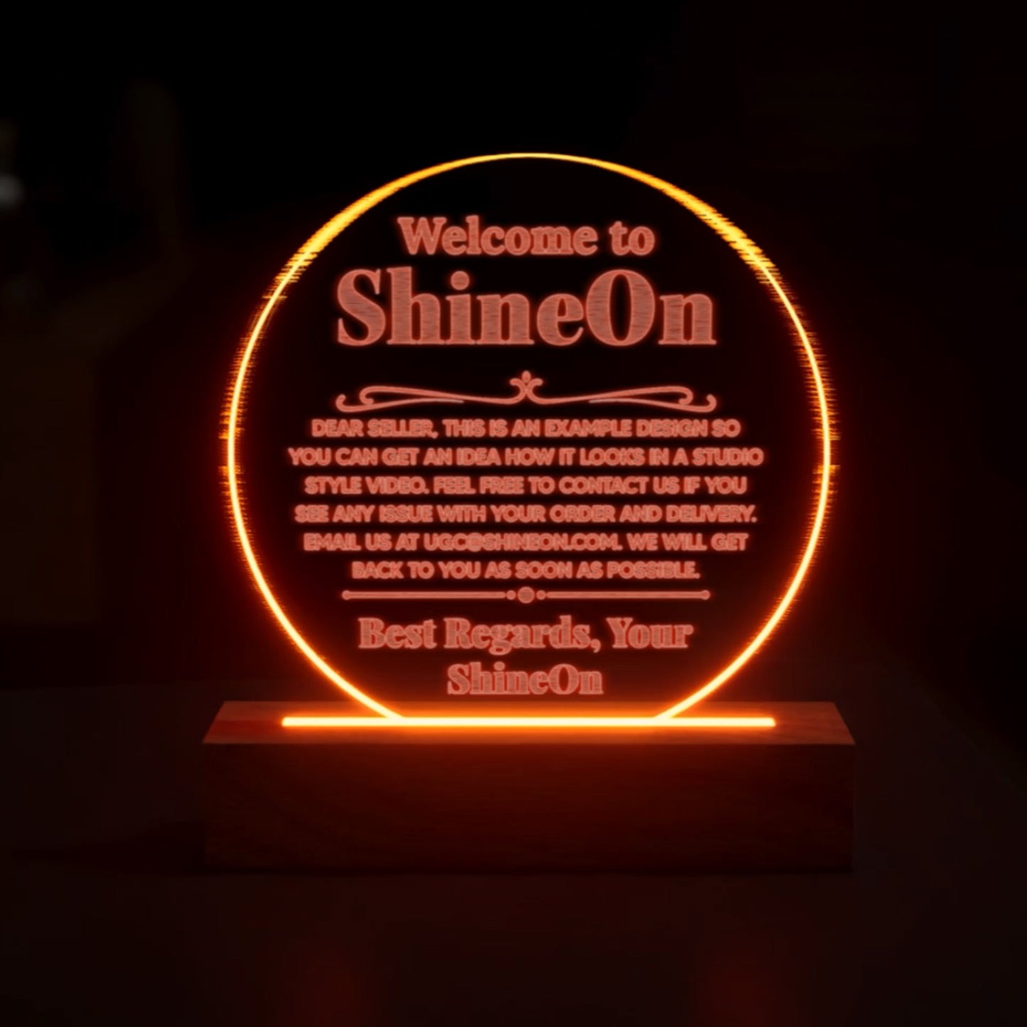 Acrylic Circle Plaque Engraved Studio Quality With Wooden Base LED RGB - Indoor Scene 2 - 3D