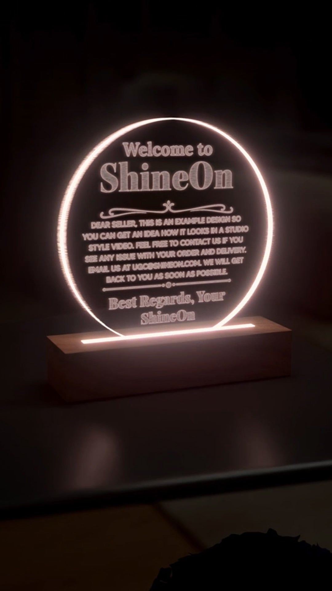 Acrylic Circle Plaque Engraved Studio Quality With Wooden Base LED RGB - Indoor Scene 2 - 3D