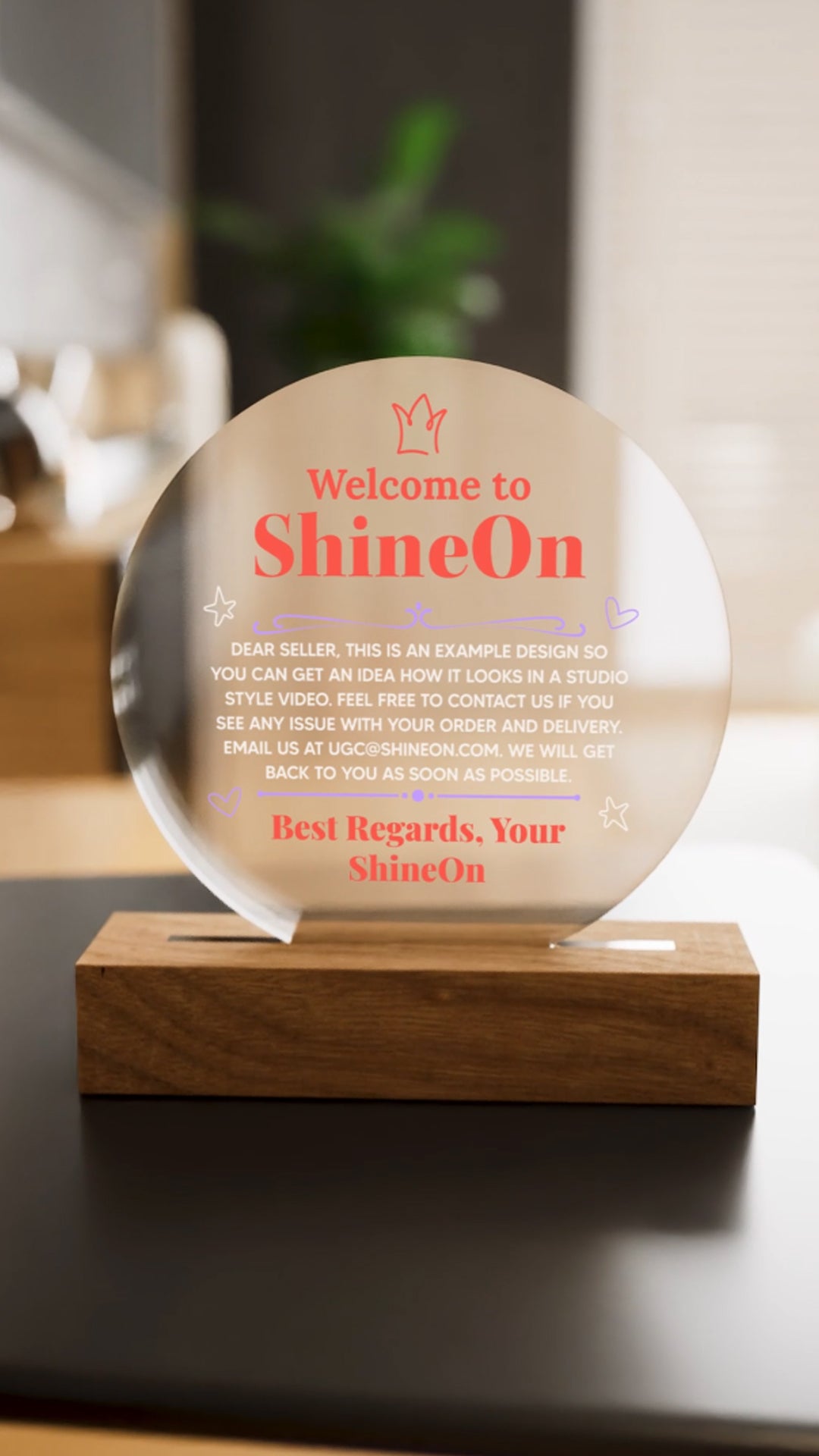 Acrylic Plaque Circle Colored Print Studio Quality With Wooden Base LED RGB - Indoor Scene - 3D