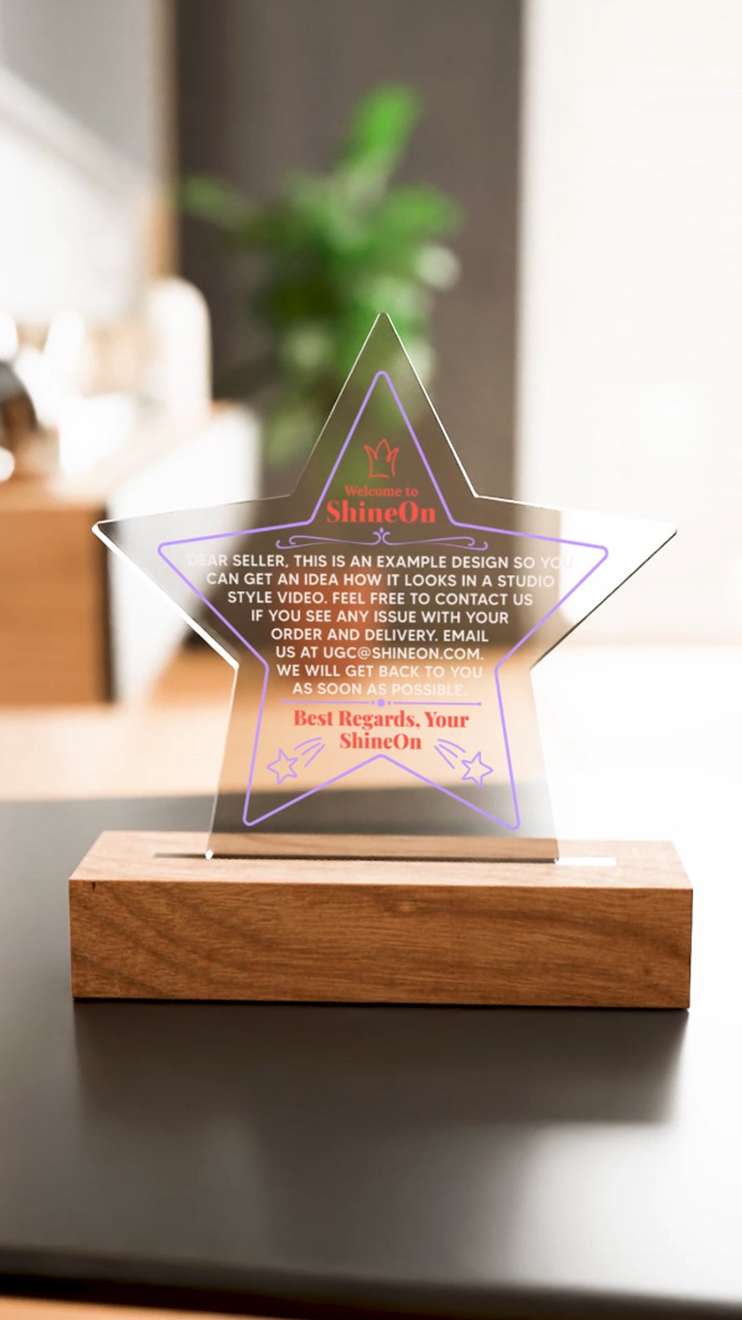 Acrylic Star Plaque Colored Print Studio Quality With Wooden Base LED RGB - Indoor Scene 2 - 3D