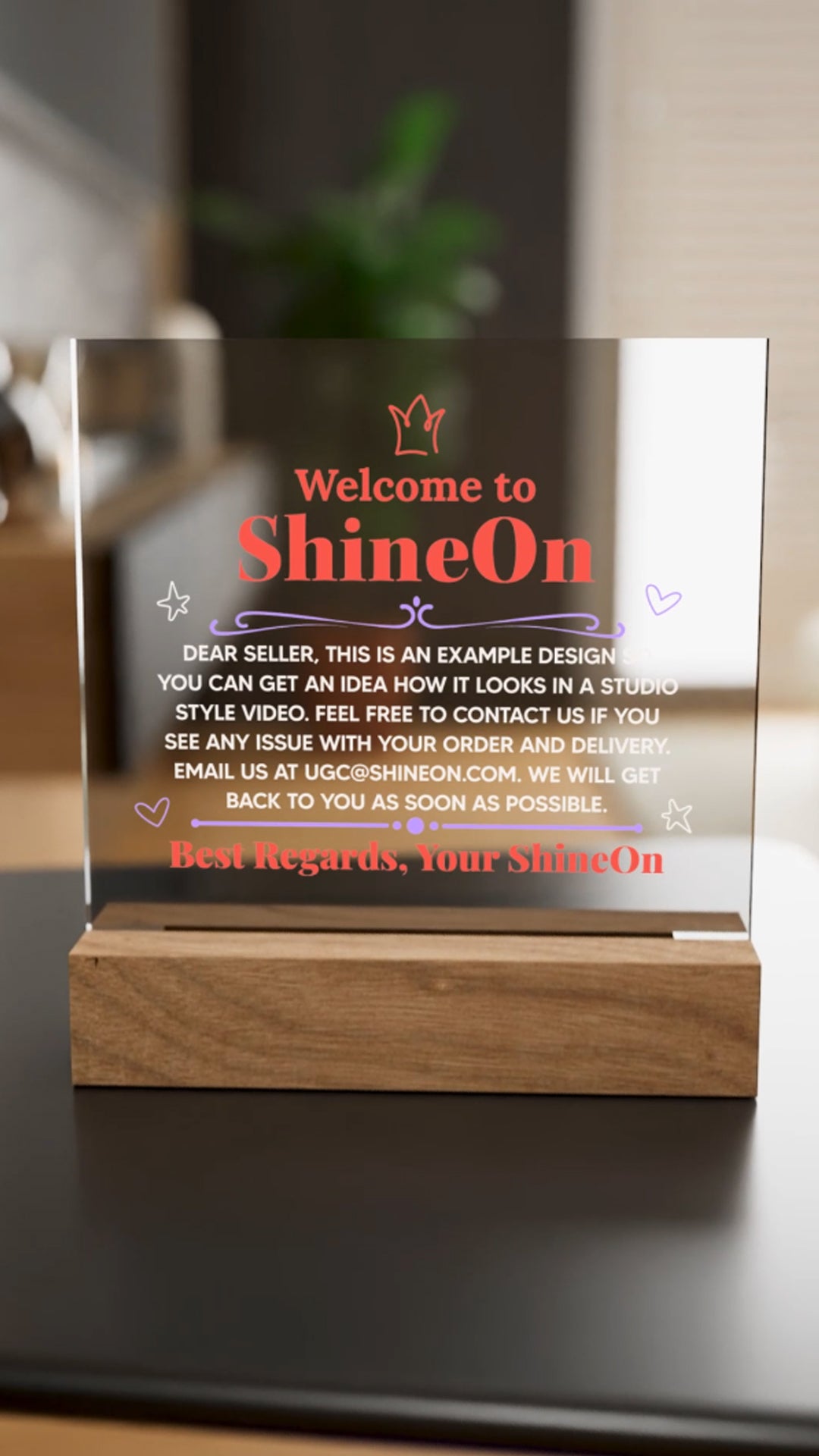 Acrylic Square Plaque Colored Print Studio Quality With Wooden Base LED RGB - Indoor Scene - 3D