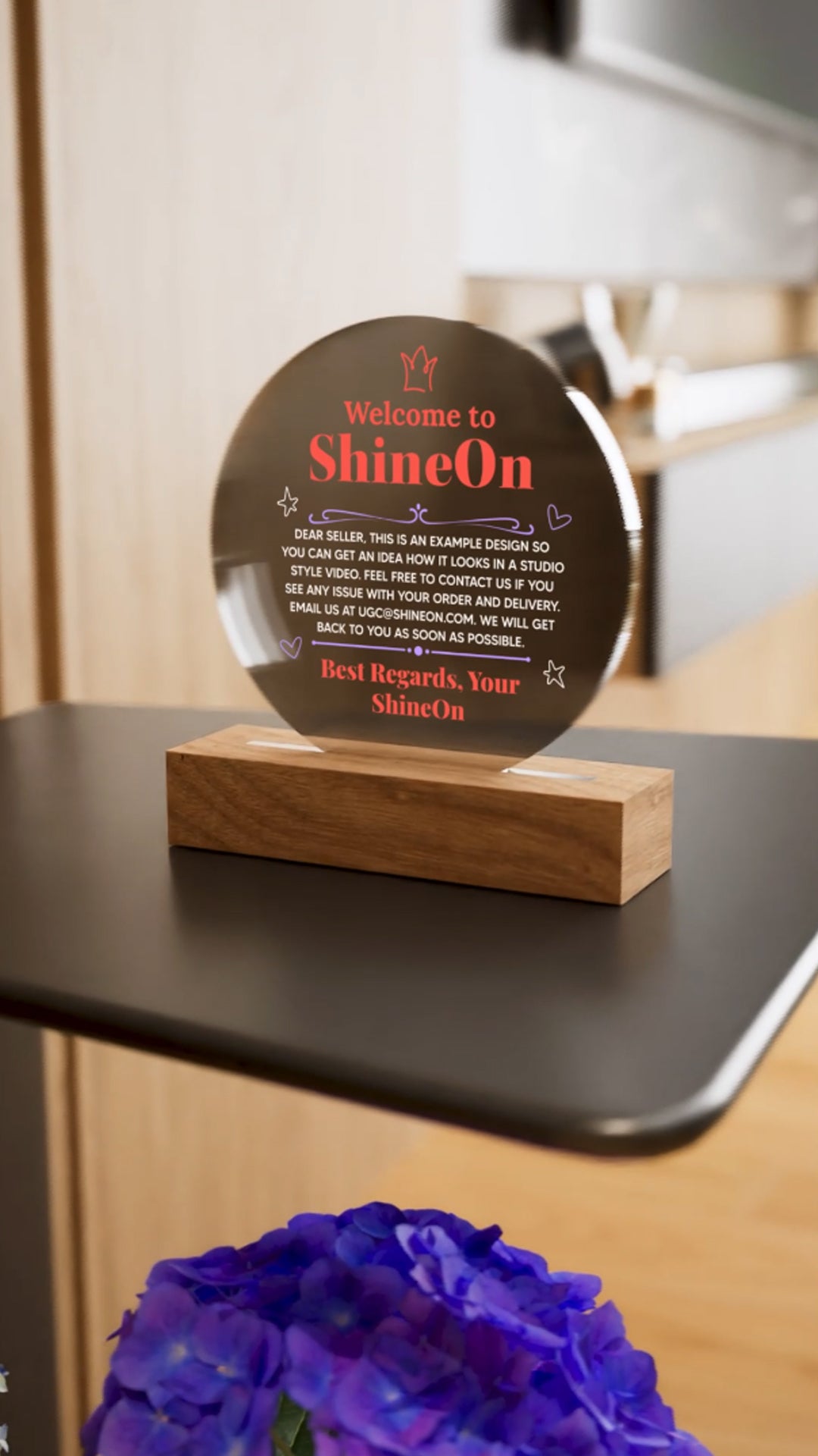 Acrylic Circle Plaque Colored Print Studio Quality With Wooden Base LED RGB - Indoor Scene - 3D