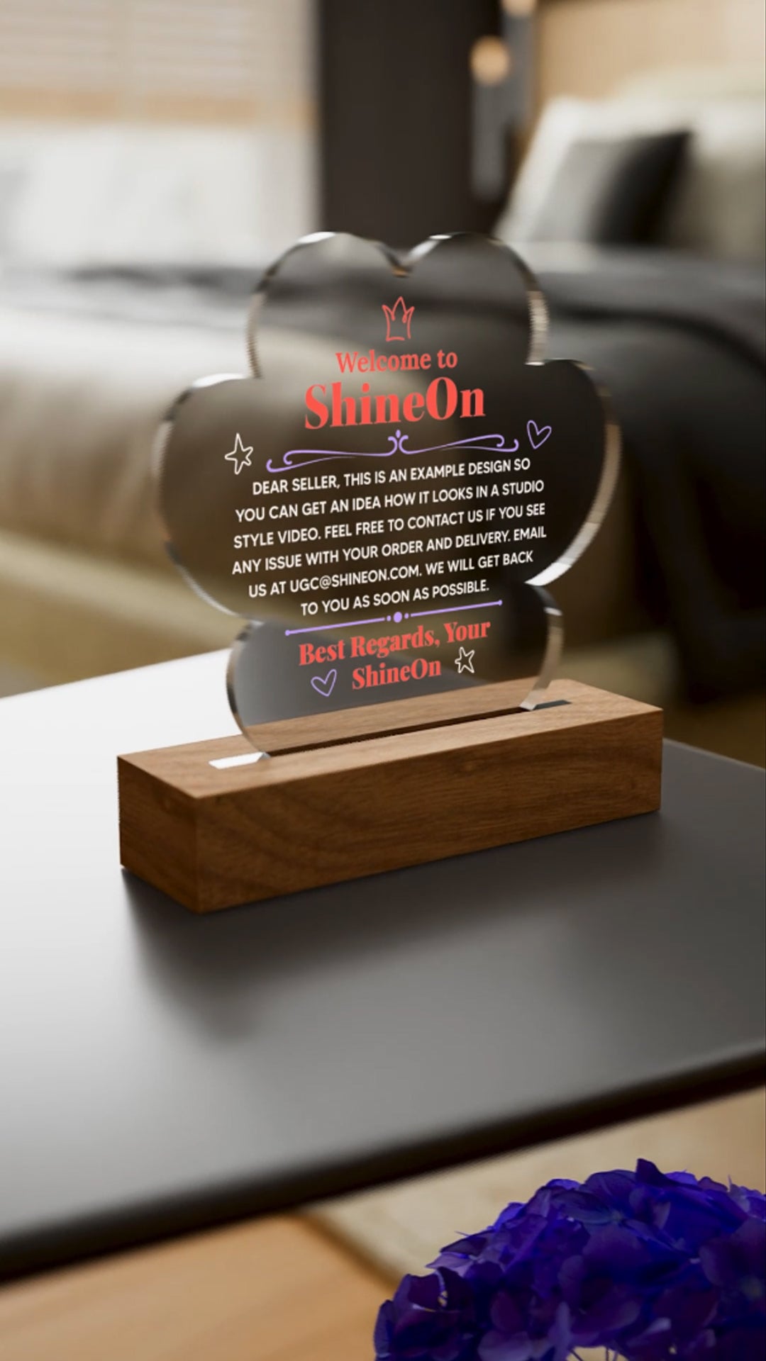 Acrylic Paw Plaque Colored Print Studio Quality With Wooden Base LED RGB - Indoor Scene 2 - 3D