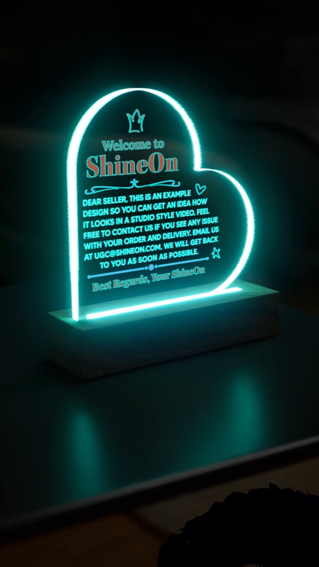 Acrylic Heart Plaque Colored Print Studio Quality With Wooden Base LED RGB - Indoor Scene 2 - 3D