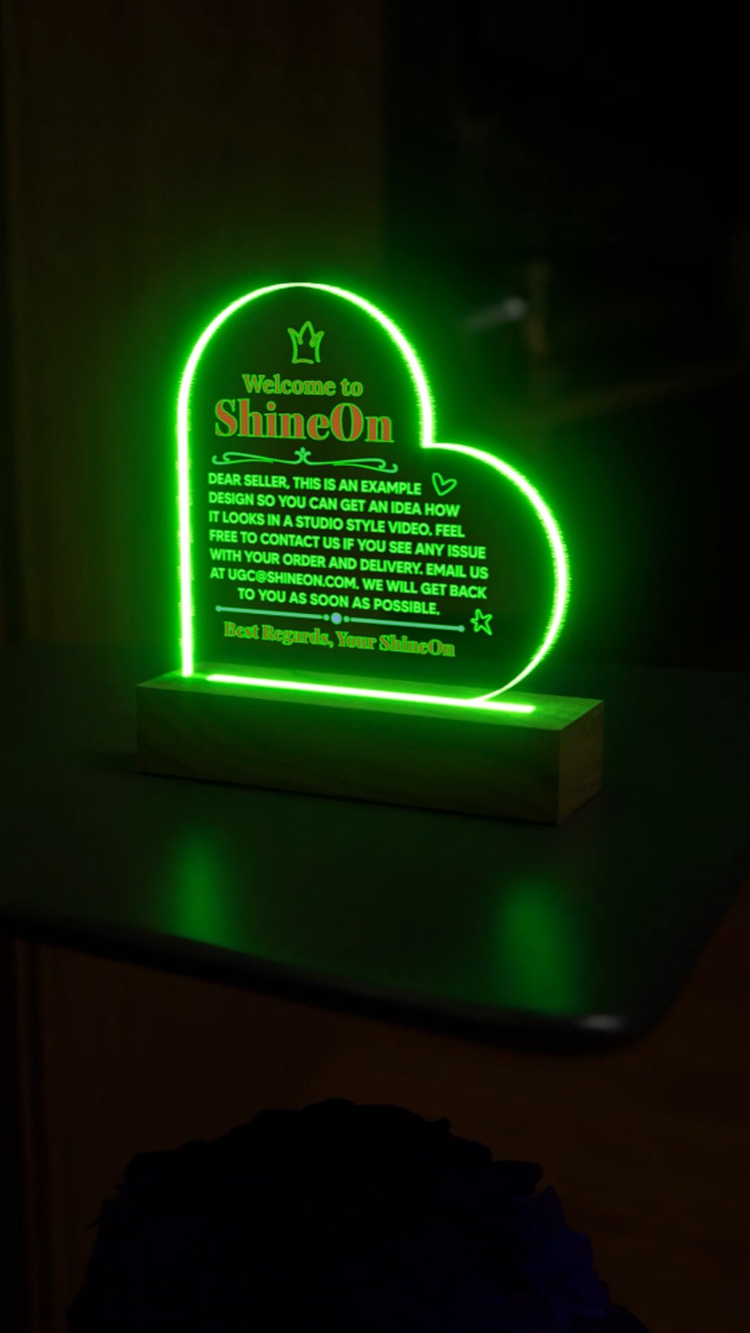 Acrylic Heart Plaque Colored Print Studio Quality With Wooden Base LED RGB - Indoor Scene 2 - 3D