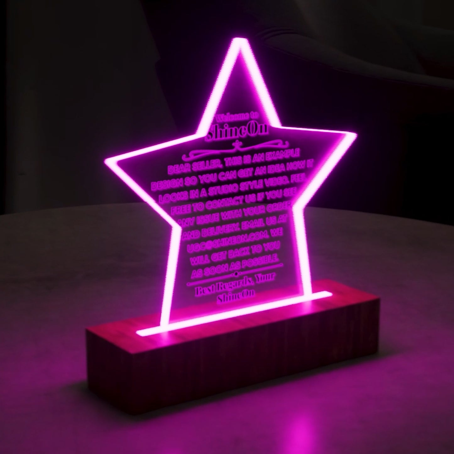 Acrylic Star Plaque Engraved Studio Quality With Wooden Base LED RGB - Indoor Scene - 3D